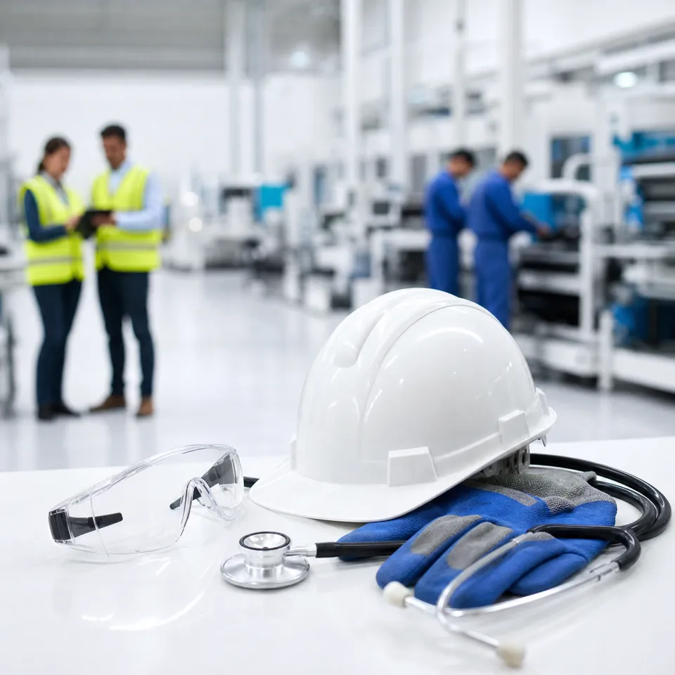 Arbeitsschutz-Ausrüstung mit Stethoskop, Schutzhelm, Schutzbrille und Arbeitshandschuhen auf einem Tisch — im Hintergrund Mitarbeitende in einer hellen Produktionshalle